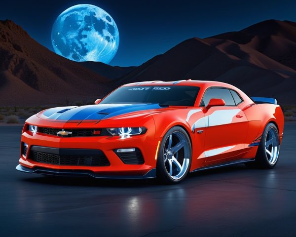 Vibrant Orange Chevrolet Camaro in Desert Night Scene