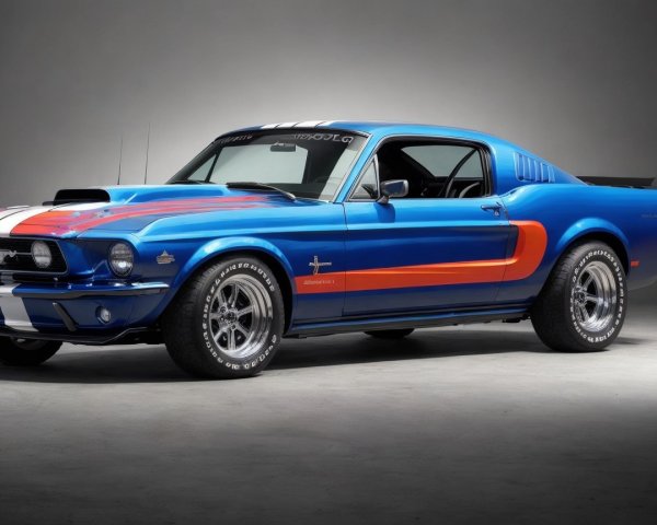 Vintage Mustang with Blue and Orange Racing Stripes
