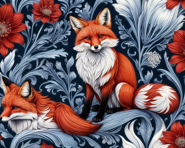 Intricate Red Foxes Against Dark Blue Background