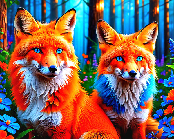 Vibrant Foxes in a Colorful Forest Setting