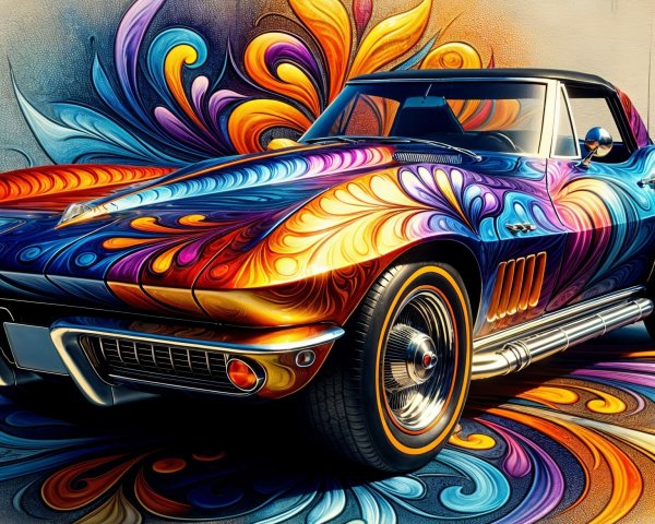 Vintage Convertible Car with Colorful Floral Background