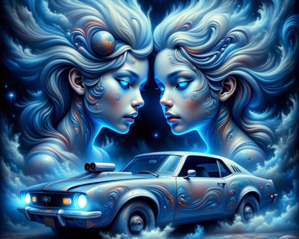 Surreal Artwork of Ethereal Faces and Vintage Car