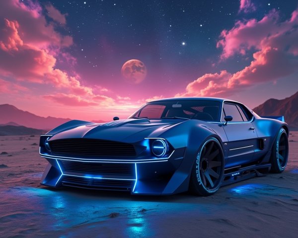 Futuristic Car in Surreal Desert Landscape with Planet