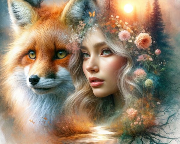 Vibrant Fox and Serene Woman in Enchanting Nature