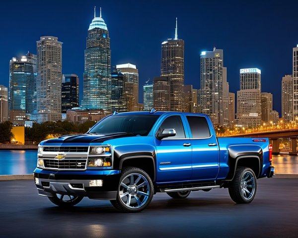 Blue Chevrolet Truck in Urban Night Skyline Setting