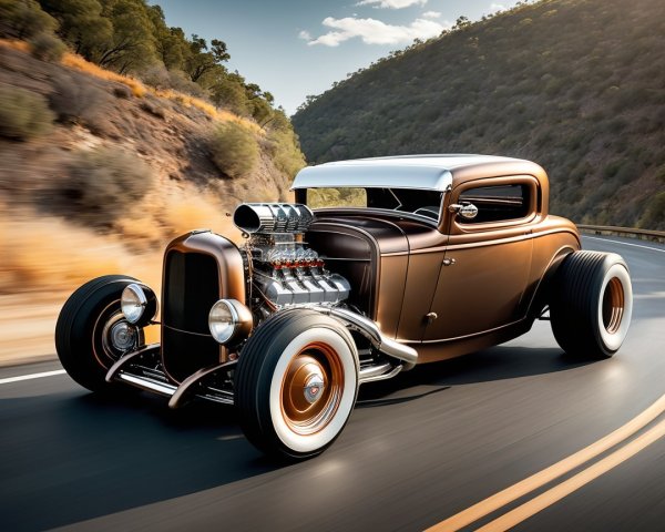 Classic Hot Rod on Winding Road with Scenic Hills