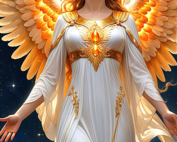 Majestic angel with golden wings in starry night sky