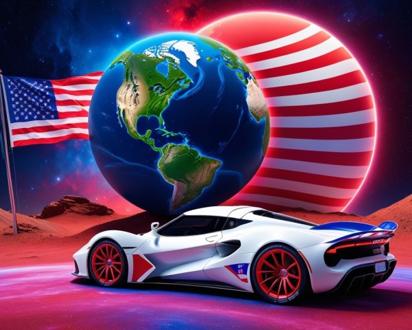 Futuristic Car Against Cosmic Earth and Flag Backdrop