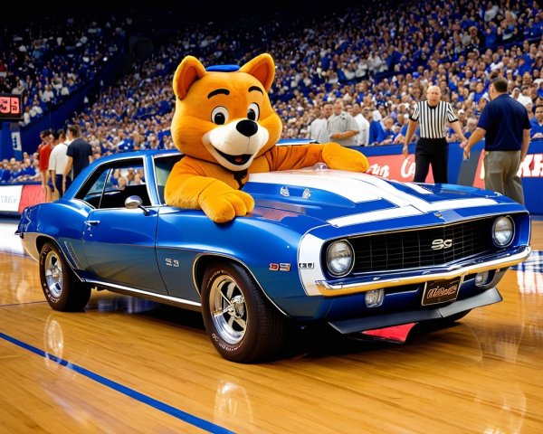 Blue 1969 Camaro SS on Basketball Court with Mascot