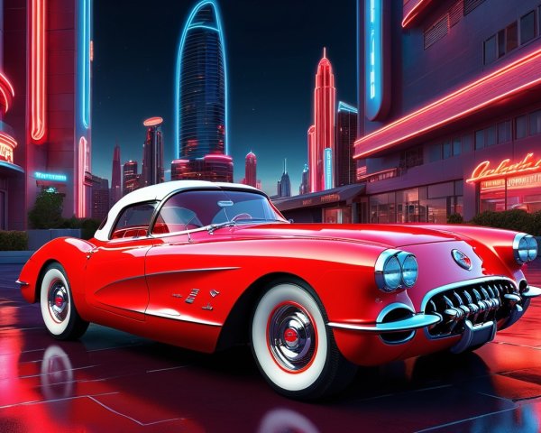Classic Corvette in Futuristic Neon Cityscape