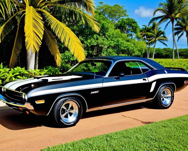 Black and White Muscle Car in Tropical Setting