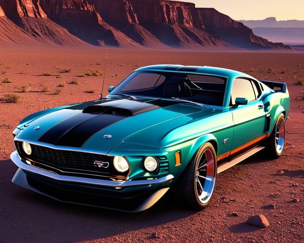 Turquoise 1970 Mustang in Desert Landscape at Sunset