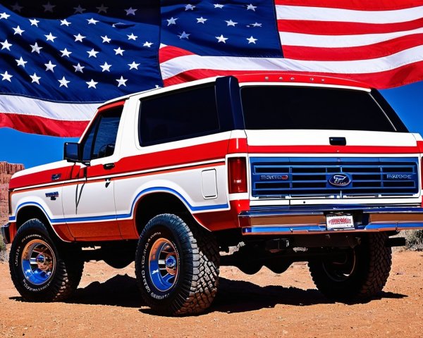 Vintage Ford Bronco with American Flag Background