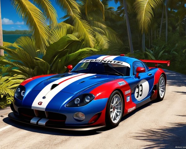 Sleek Race Car on Winding Tropical Road with Ocean View