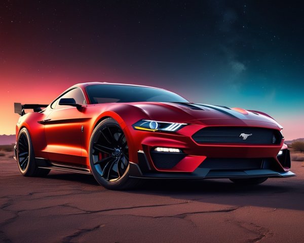 Red Sports Car in Desert at Dusk with Vibrant Sky