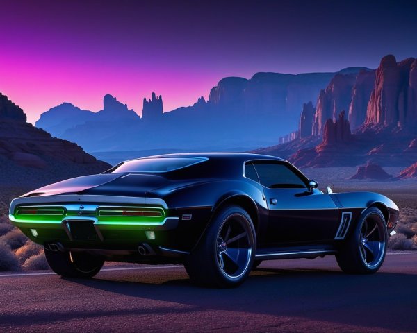Black Sports Car with Neon Green Headlights at Sunset