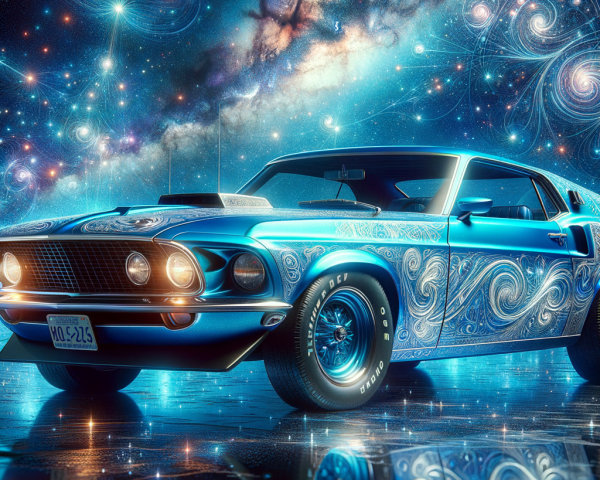 Classic Blue Car with Cosmic Motifs and Starry Background