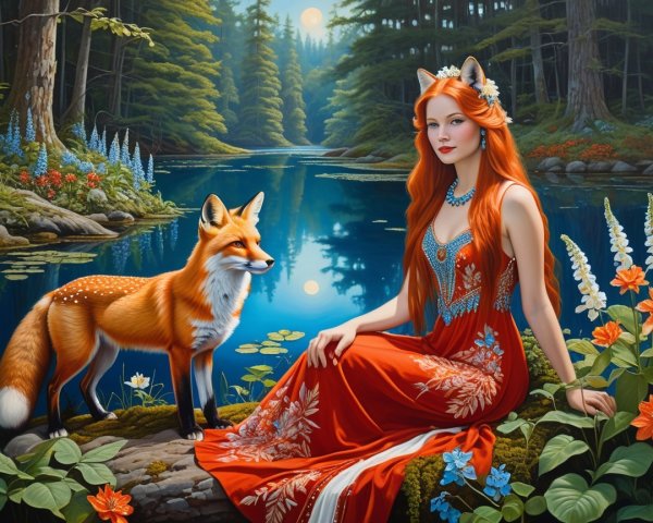 Woman with Red Hair by a Tranquil Lake and Fox
