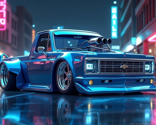 Glossy Blue Chevrolet Pickup with Supercharger and Chrome Wheels