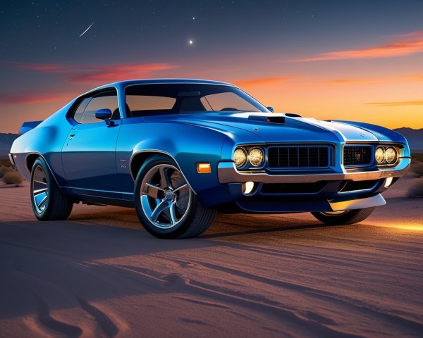 Classic Blue Muscle Car Against Desert Sunset