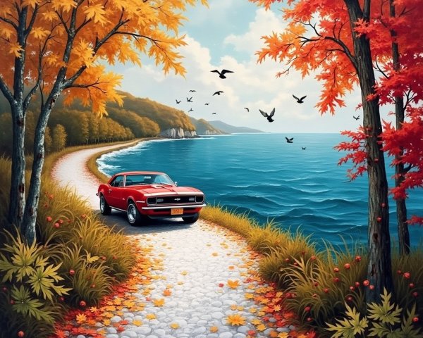 Vibrant Autumn Scene with Classic Red Car and Coastline