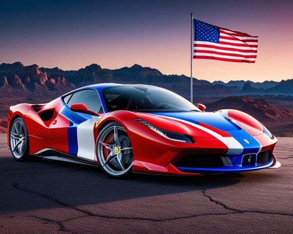 Red Ferrari 488 with American Flag at Sunset Mountains