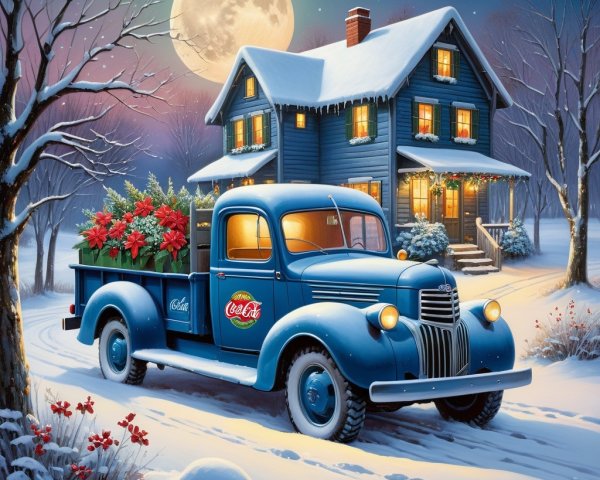 Vintage Blue Truck with Poinsettias in Snowy Scene