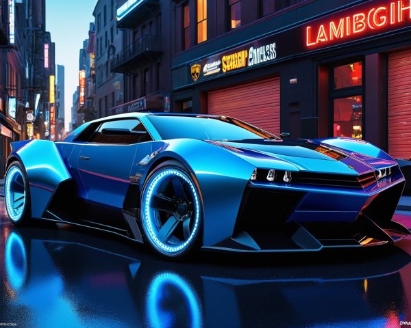 Futuristic Car Under Neon Lights in Urban Night Scene