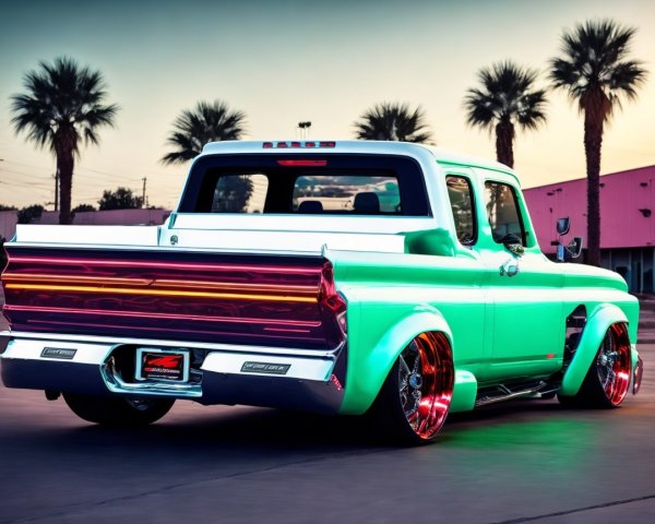Vintage Mint Green Pickup Truck with Neon Accents