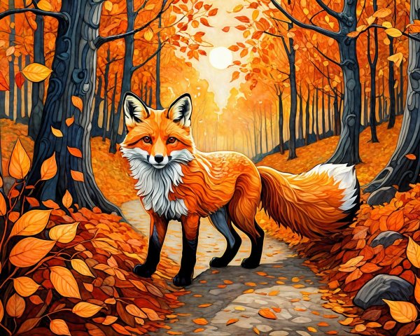 Vibrant Autumn Scene with Fox on Forest Path