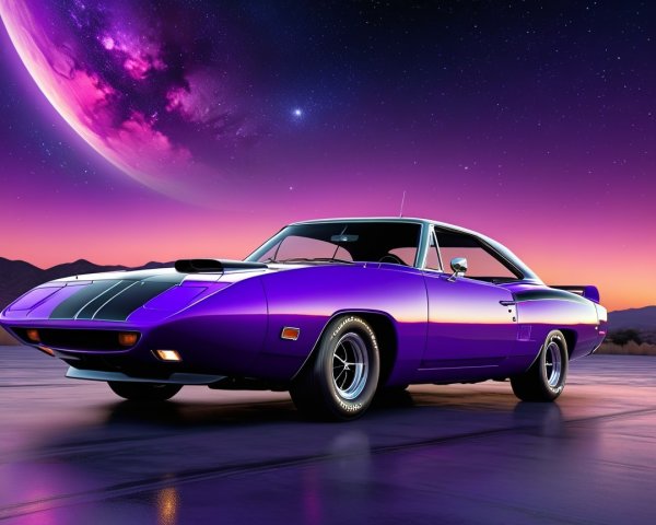 Purple Muscle Car Against Twilight Sky with Planets