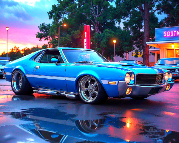 Blue Vintage Car on Wet Street at Sunset