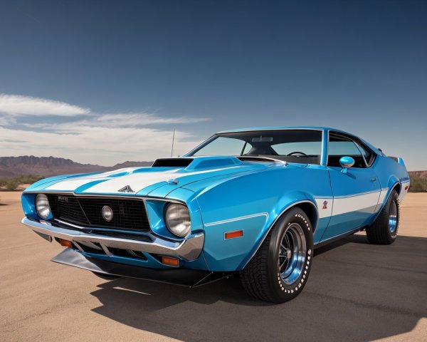 Classic Blue Car with White Racing Stripes in Desert