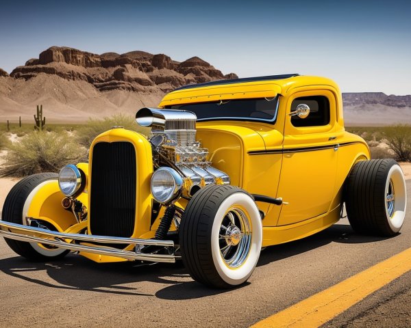Classic Yellow Hot Rod Coupe on Desert Road