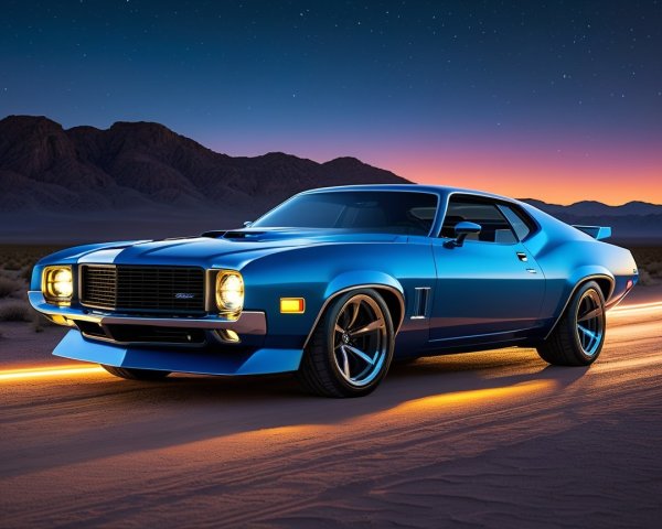 Blue Vintage Muscle Car on Desert Road at Dusk