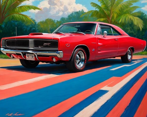 Classic Red Muscle Car on Colorful Striped Road