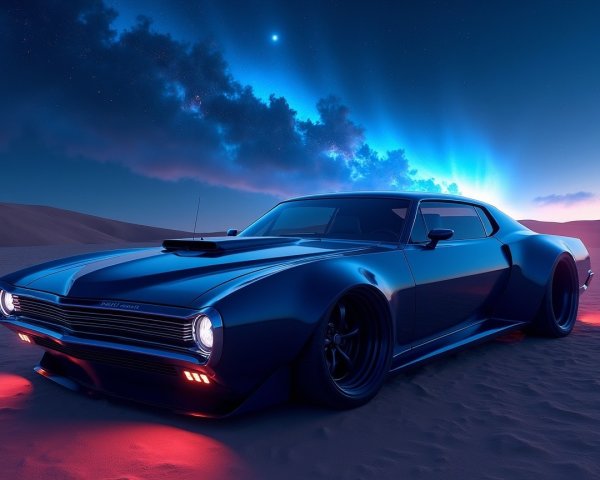 Custom Black Muscle Car in Desert Night Landscape