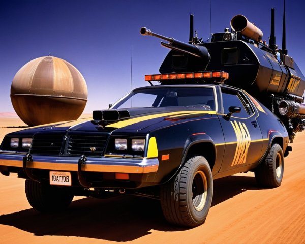 Muscle Car and Armored Vehicle in Desert Landscape