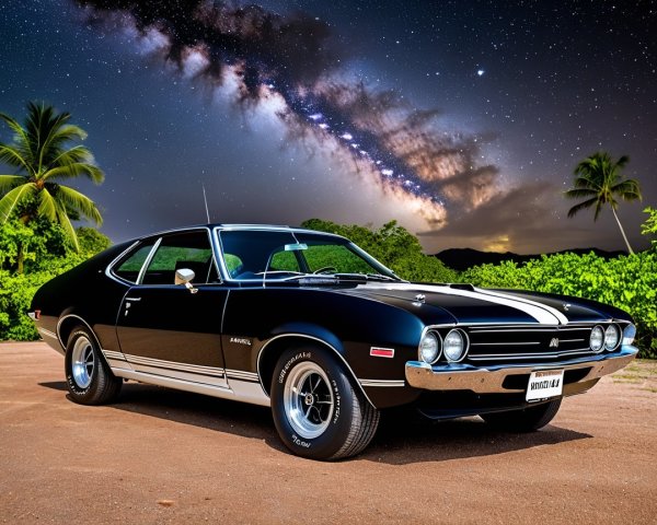 Classic Black Muscle Car on Scenic Dirt Road at Night