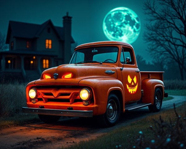 Vintage Orange Pickup Truck with Halloween Decorations