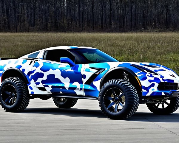Modified sports car with blue and white camouflage wrap