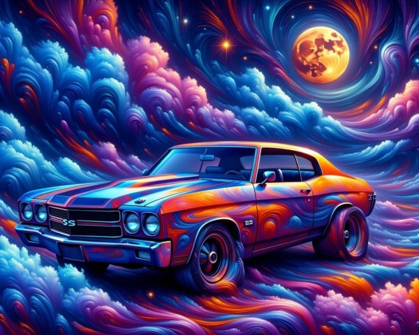Psychedelic Chevrolet Chevelle SS with Colorful Clouds