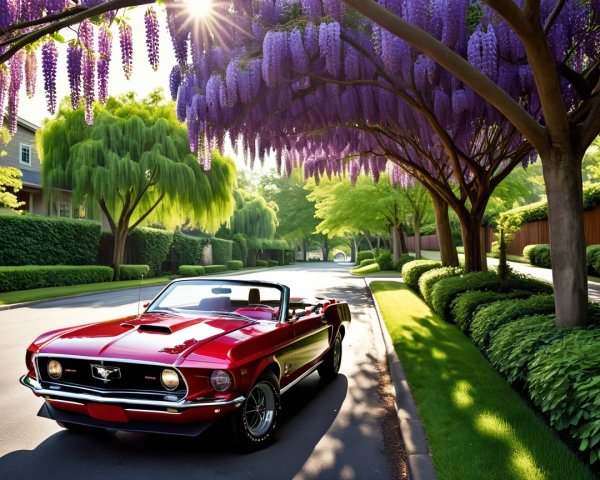 Red Convertible Car on a Picturesque Suburban Street