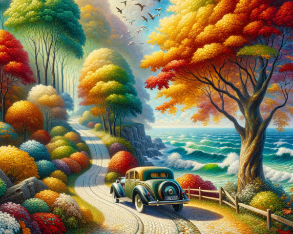 Vintage Car on Winding Road Amid Autumn Landscape