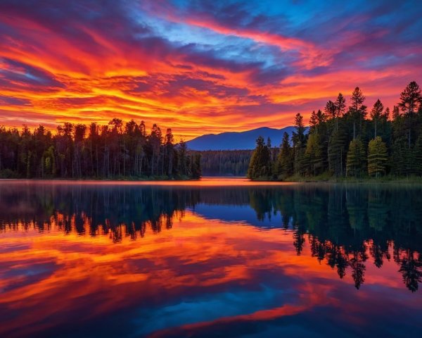 Vibrant Sunset Over Serene Lake with Silhouetted Trees