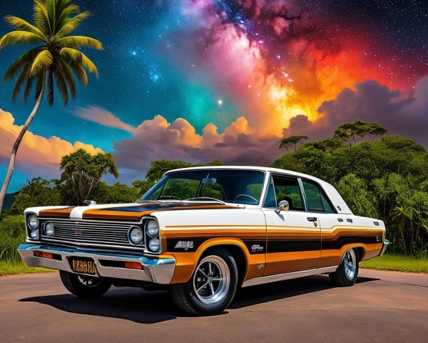 1960s Classic Car Under Cosmic Sky and Palm Tree