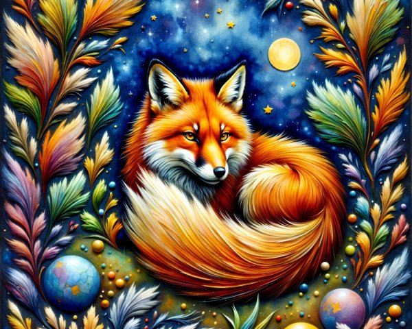 Vibrant Fox in Ornate Frame with Colorful Foliage