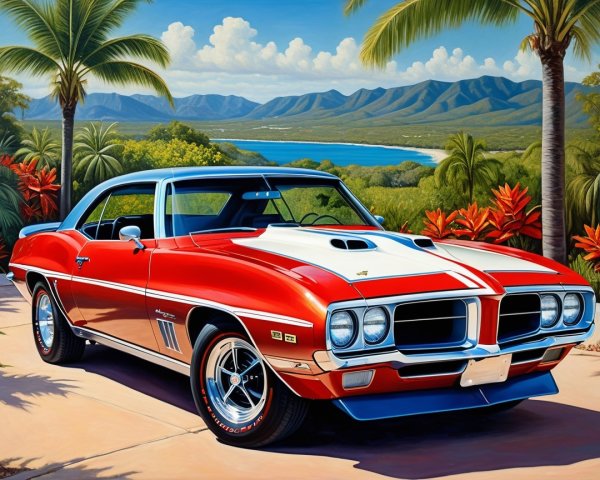 1970s Muscle Car in Tropical Landscape with Mountains