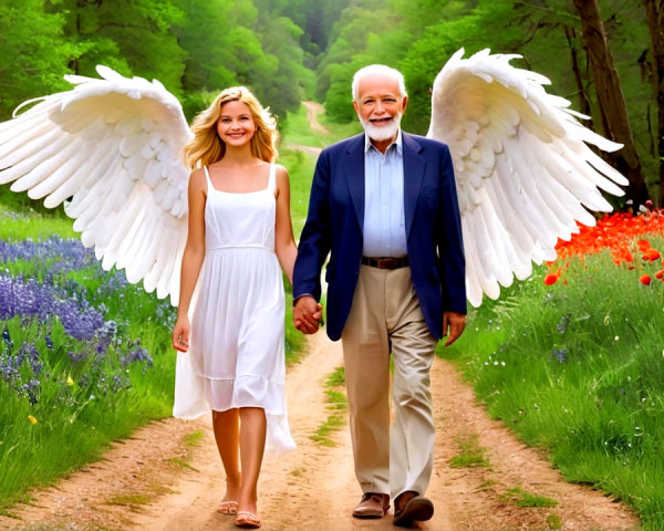 Young Woman and Older Man with Angel Wings in Field