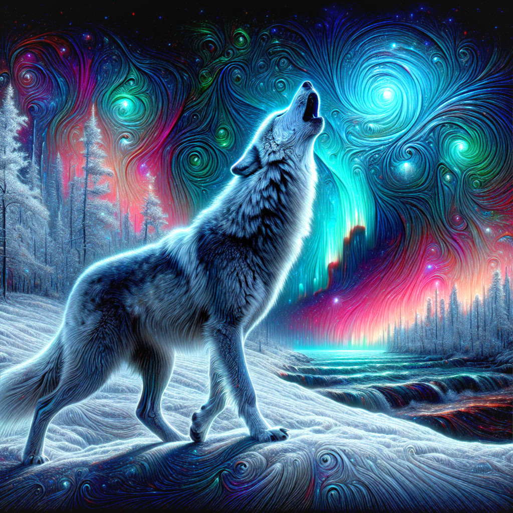 White Wolf Howling Under Vibrant Aurora Borealis
